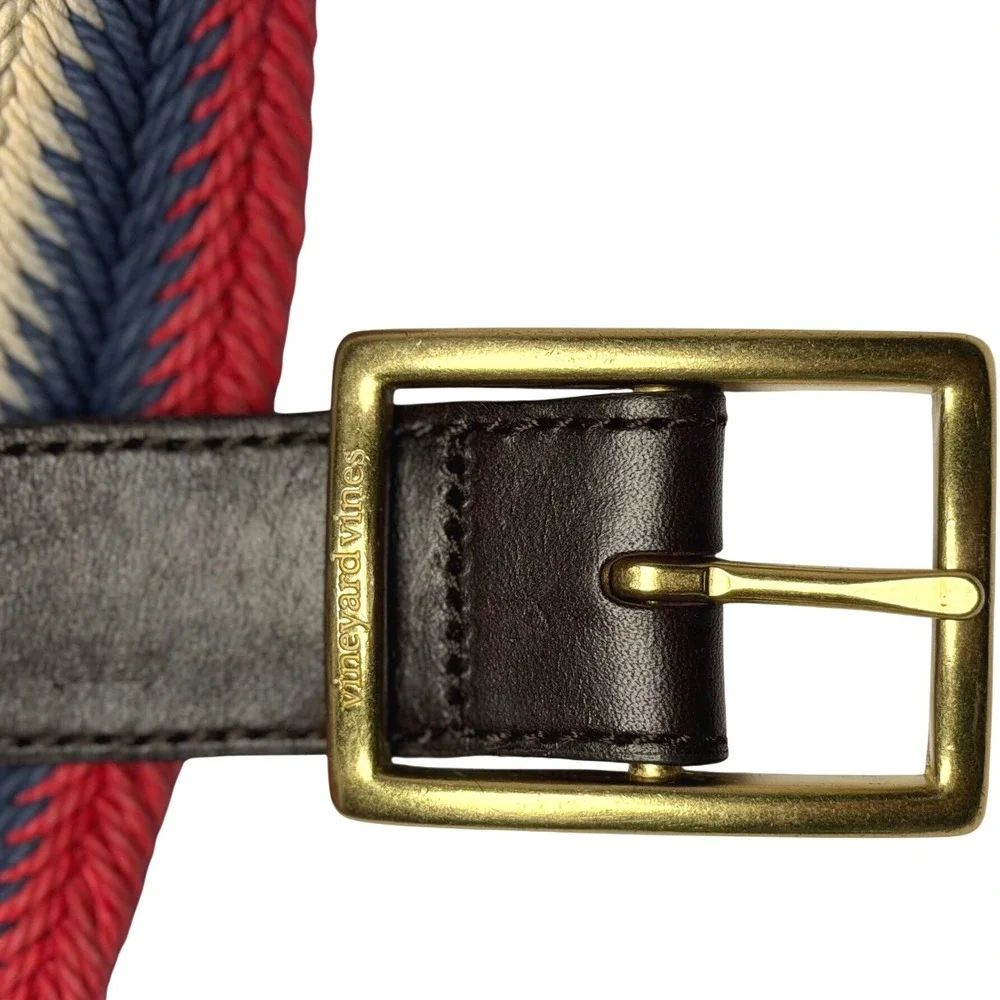 Vineyard Vines Mens Braided Woven Belt Sz‎ 30 USA Red White Blue w/ Leather Trim